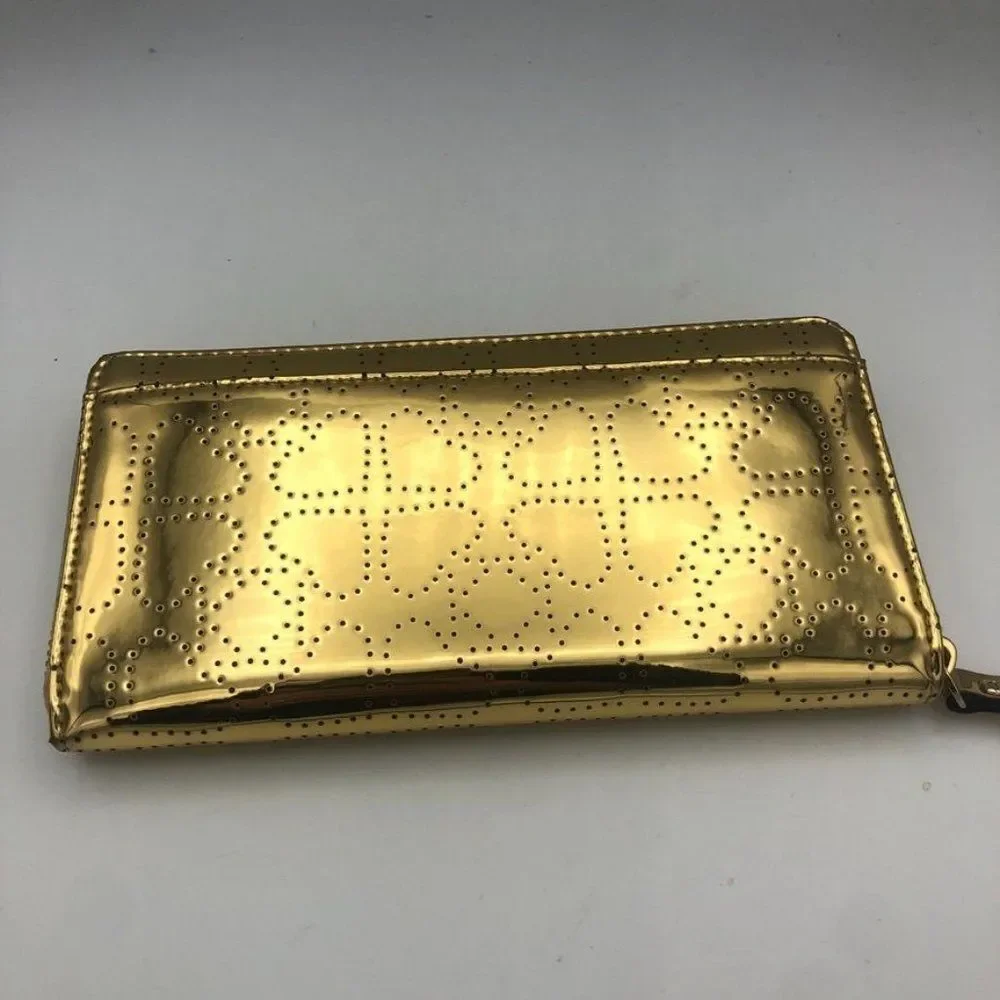 Kate‎ Spade Womens Wallet Zip Around Shiny Metallic Gold Heart Print Accessory